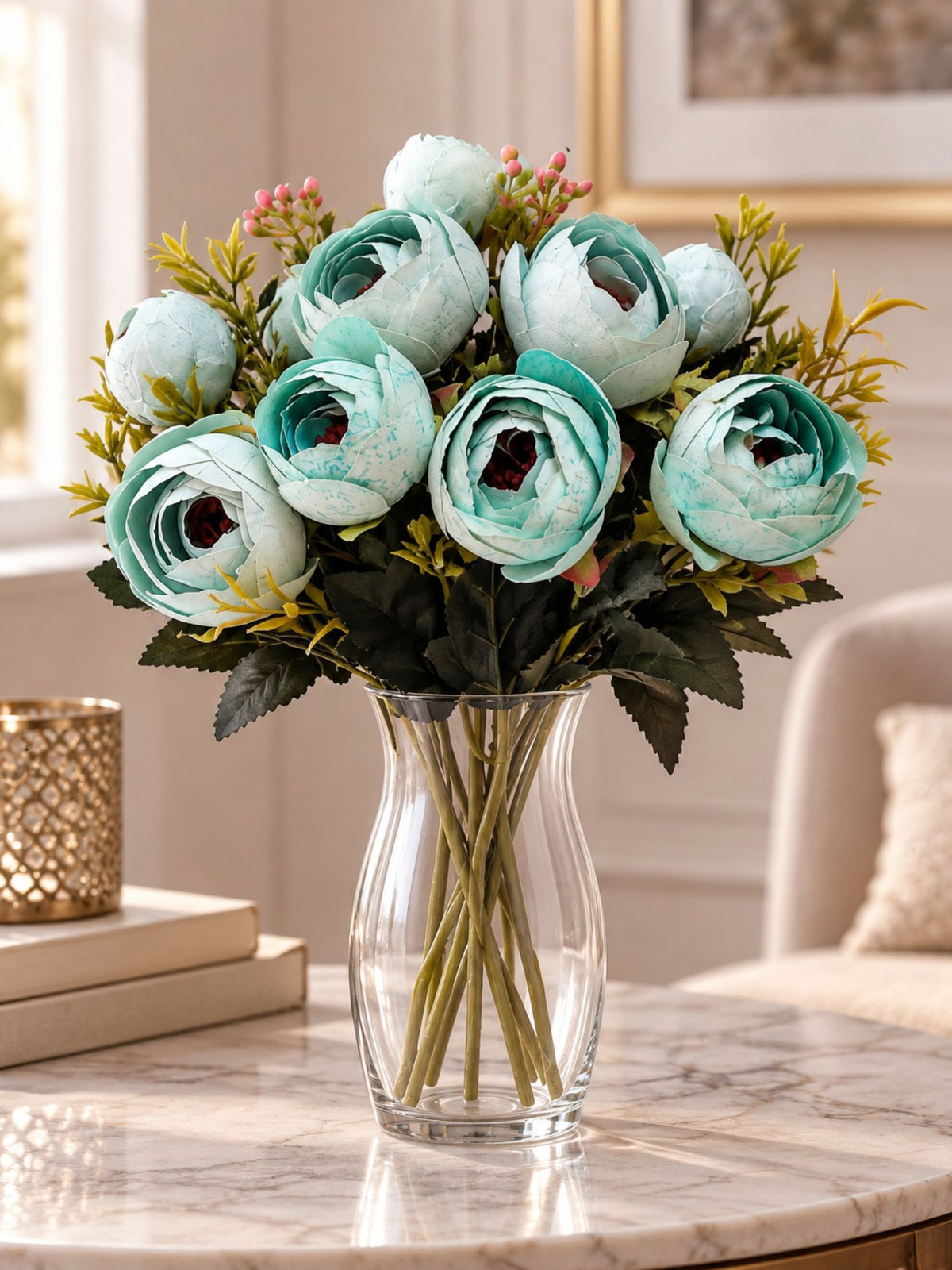 ARTSY Artificial Ranunculus Flower Bunch – White & Turquoise, 1 Pc
