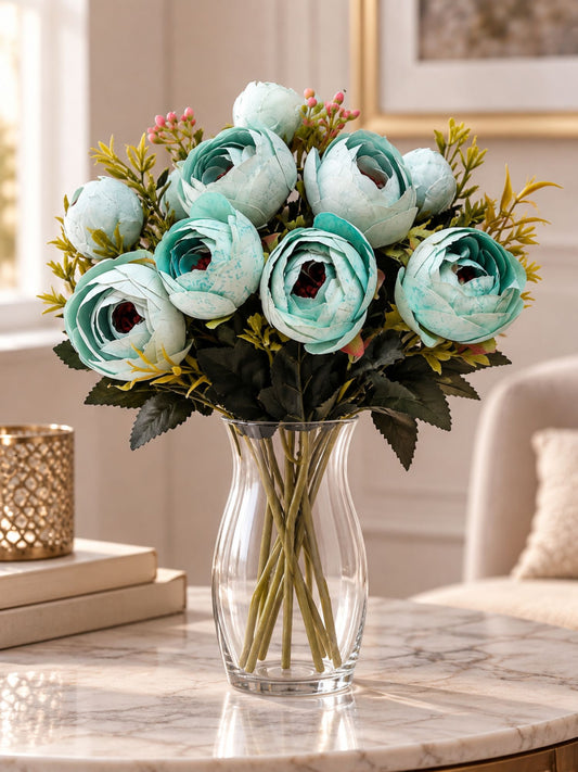 ARTSY Artificial Ranunculus Flower Bunch – White & Turquoise, 1 Pc