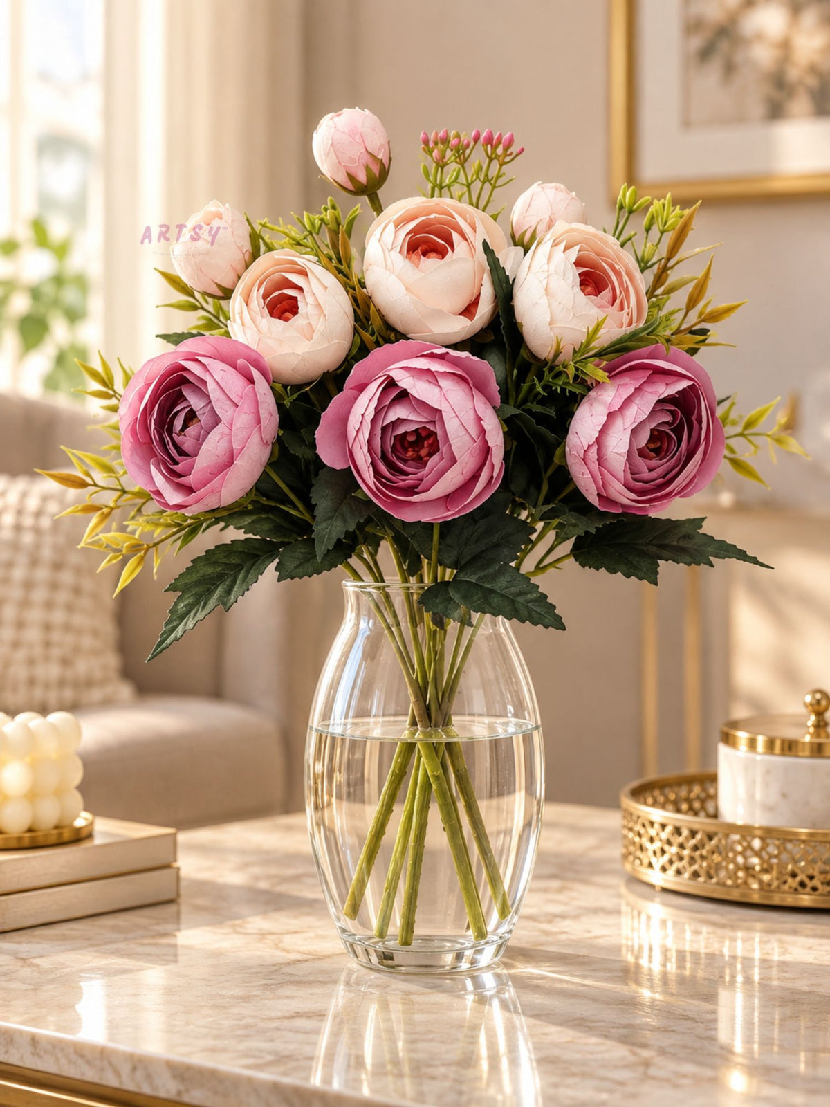 ARTSY Artificial Rose Flower Bunch – Realistic Pink & Peach Rose Bouquet, 1 Piece for Home Decor, Wedding & Gifting
