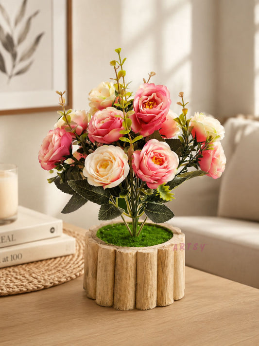 Luxury Artificial Rose Flower Arrangement with Rustic Wooden Pot for Home Decor, Pack of 1