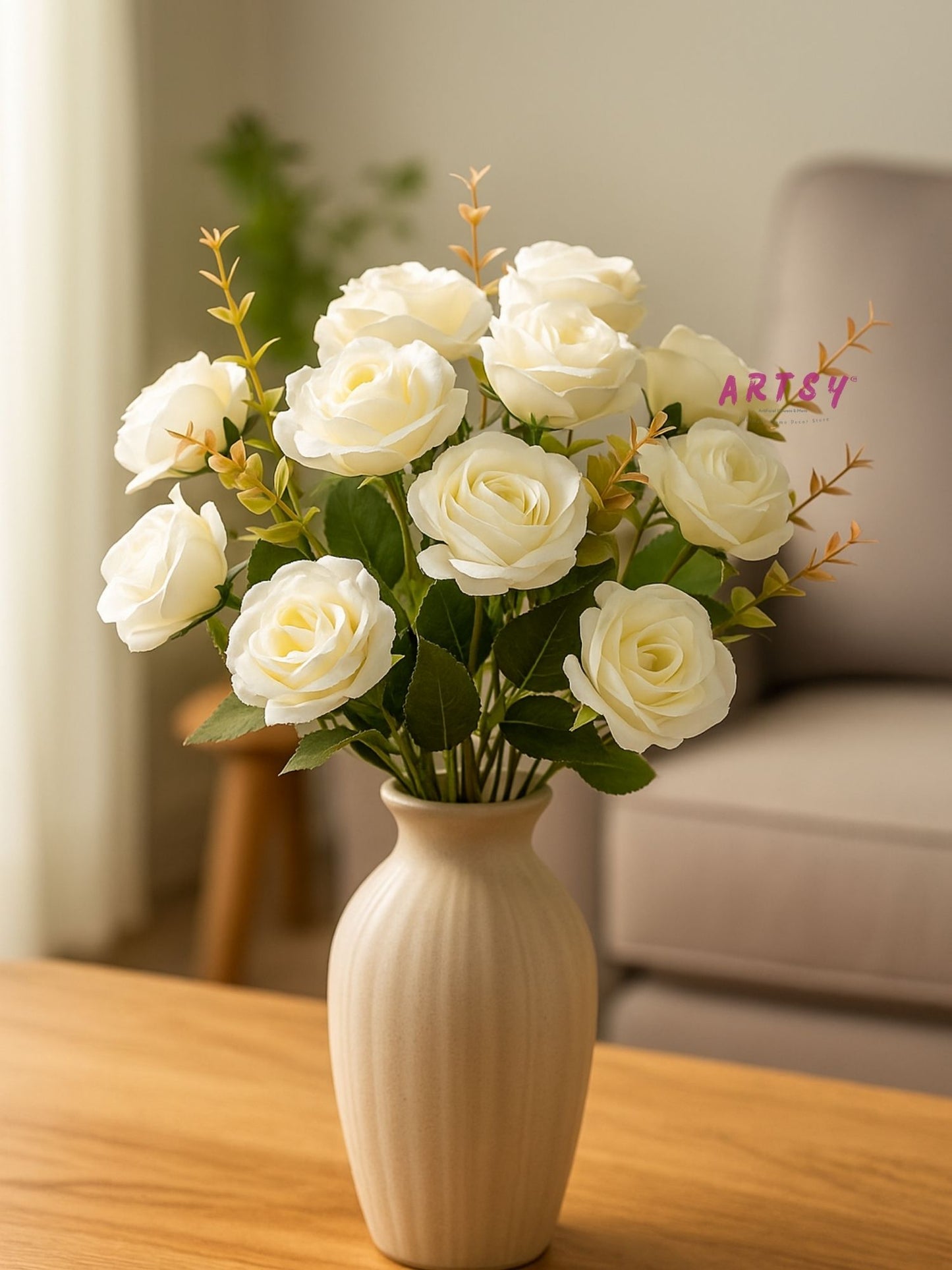 Real Touch White Rose Flower Bunch, Pack of 1 Piece