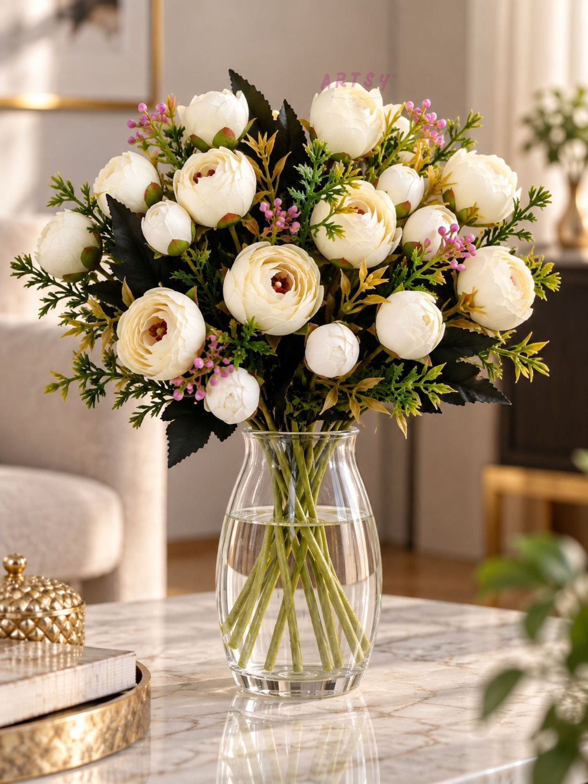 ARTSY Artificial Peony Flower Bunch – Pack of 2, Realistic Faux Flowers for Home Décor & Gifting