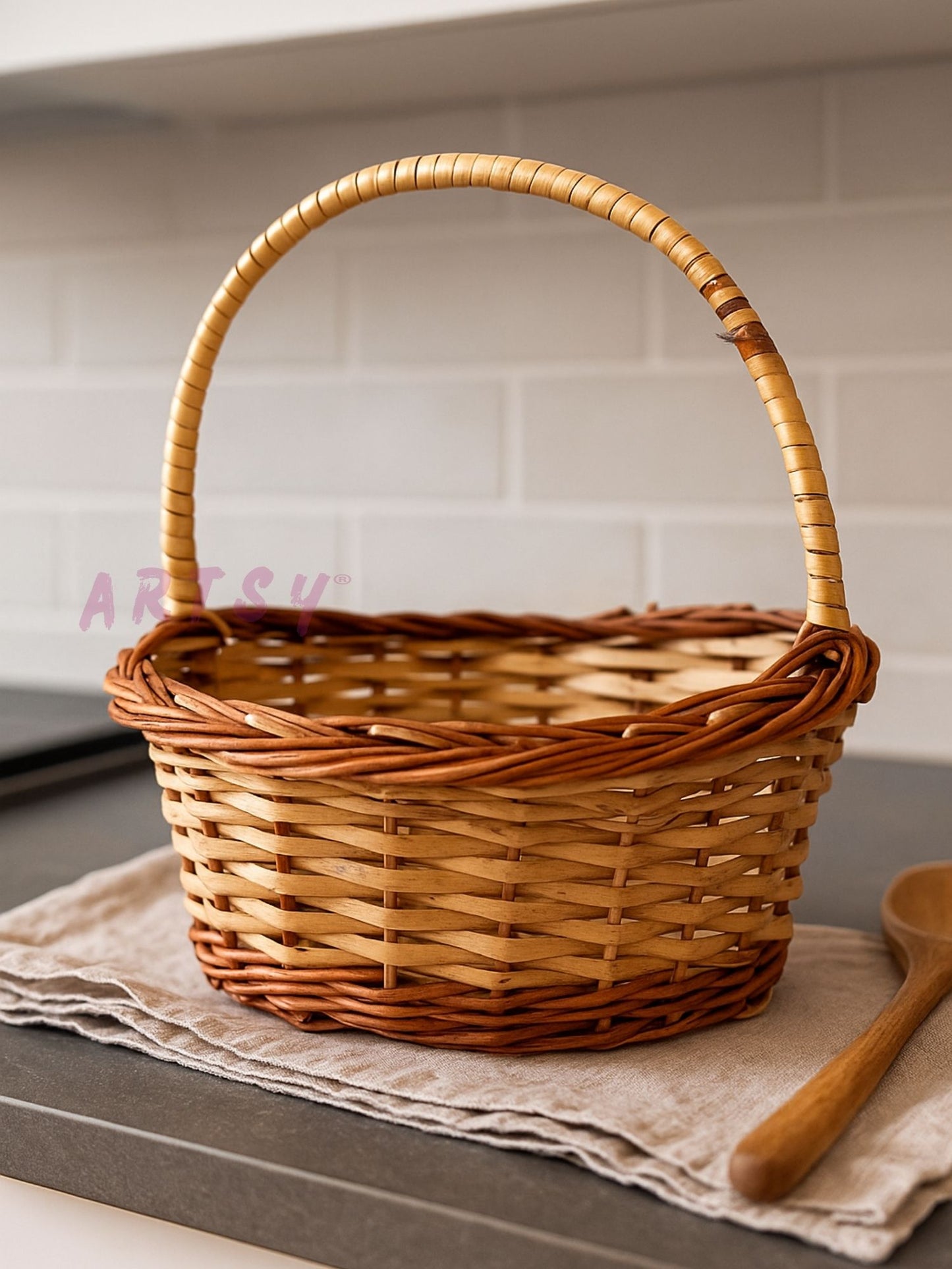ARTSY Rustic Handwoven Wicker Basket with Handle – Decorative Hamper & Storage Basket for Home Décor, Gifting & Pooja Use