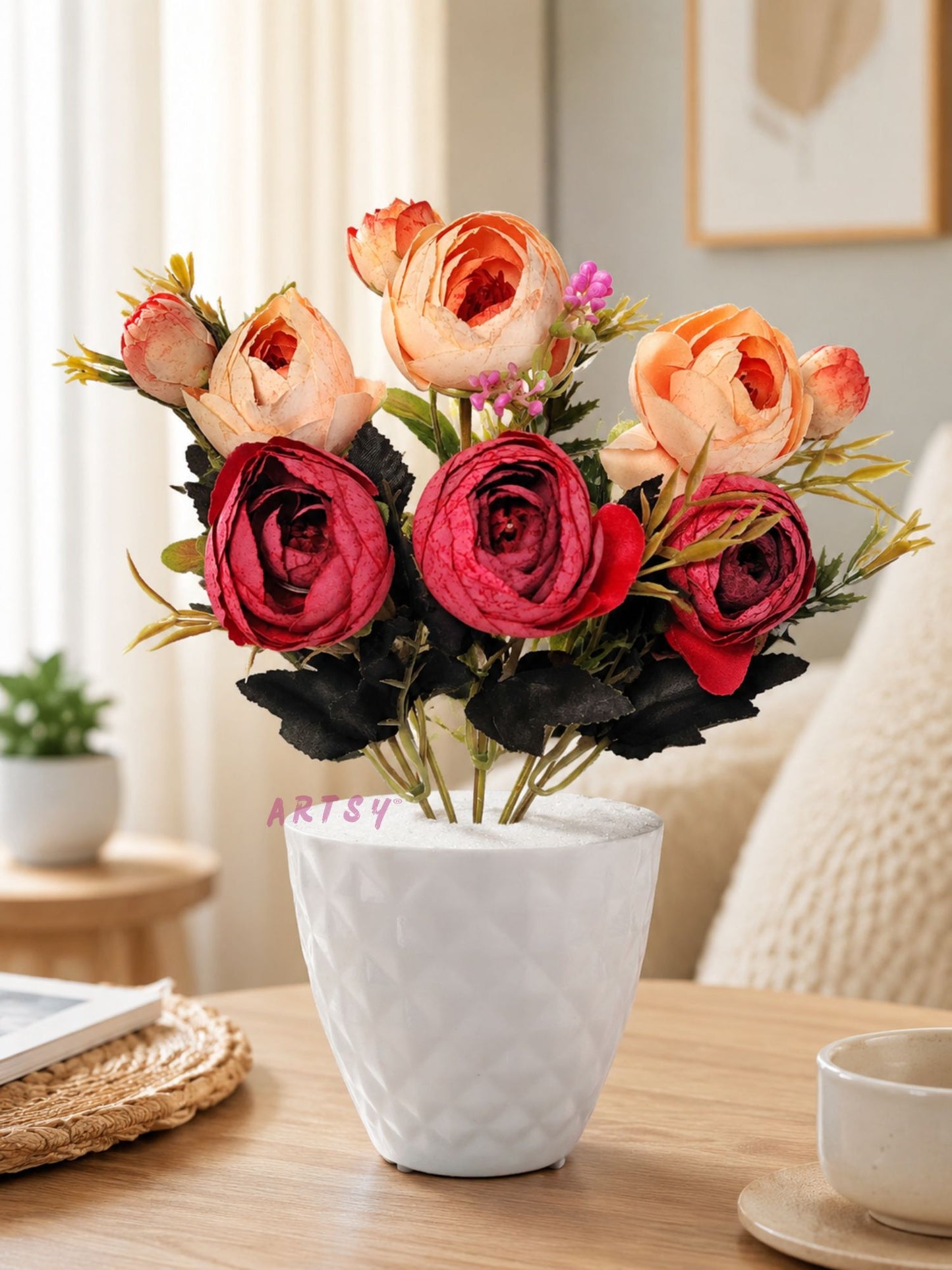 Luxury Dual Tone Artificial Flower Pot with Designer White Vase | Premium Home Decor (Pack of 1)