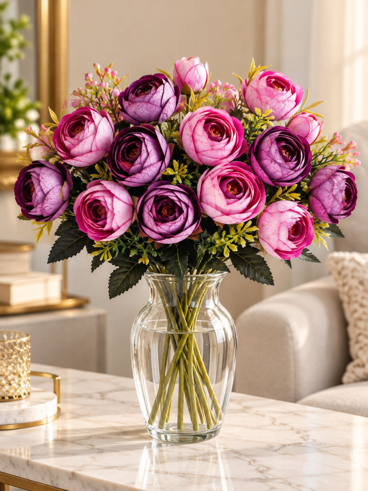 ARTSY Artificial Ranunculus Flower Bunches – Pack of 2, Realistic Faux Flowers for Home Décor, Wedding, Living Room & Gifting