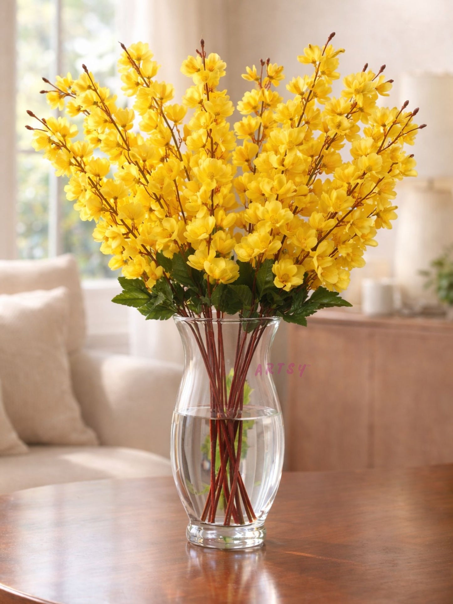 Elegant Yellow Faux Flower Bunch for Living Room & Table Decor, Pack of 2