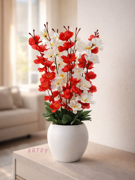 Elegant Red & White Artificial Blossom Flower Pot for Home Decor, Pack of 1