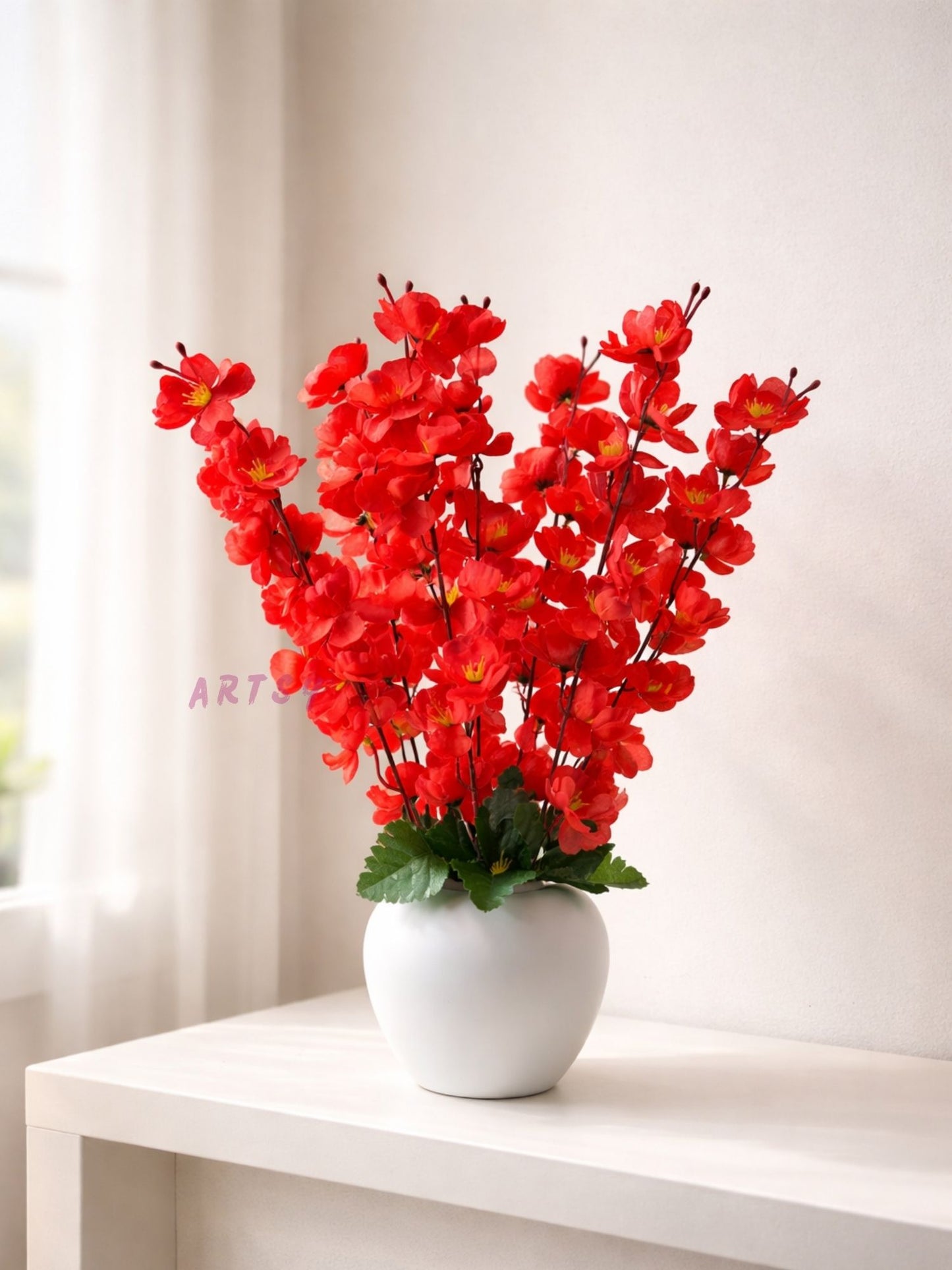 Artificial Red Blossom Flower Pot for Home Decor | Premium Decorative Floral Arrangement with White Pot