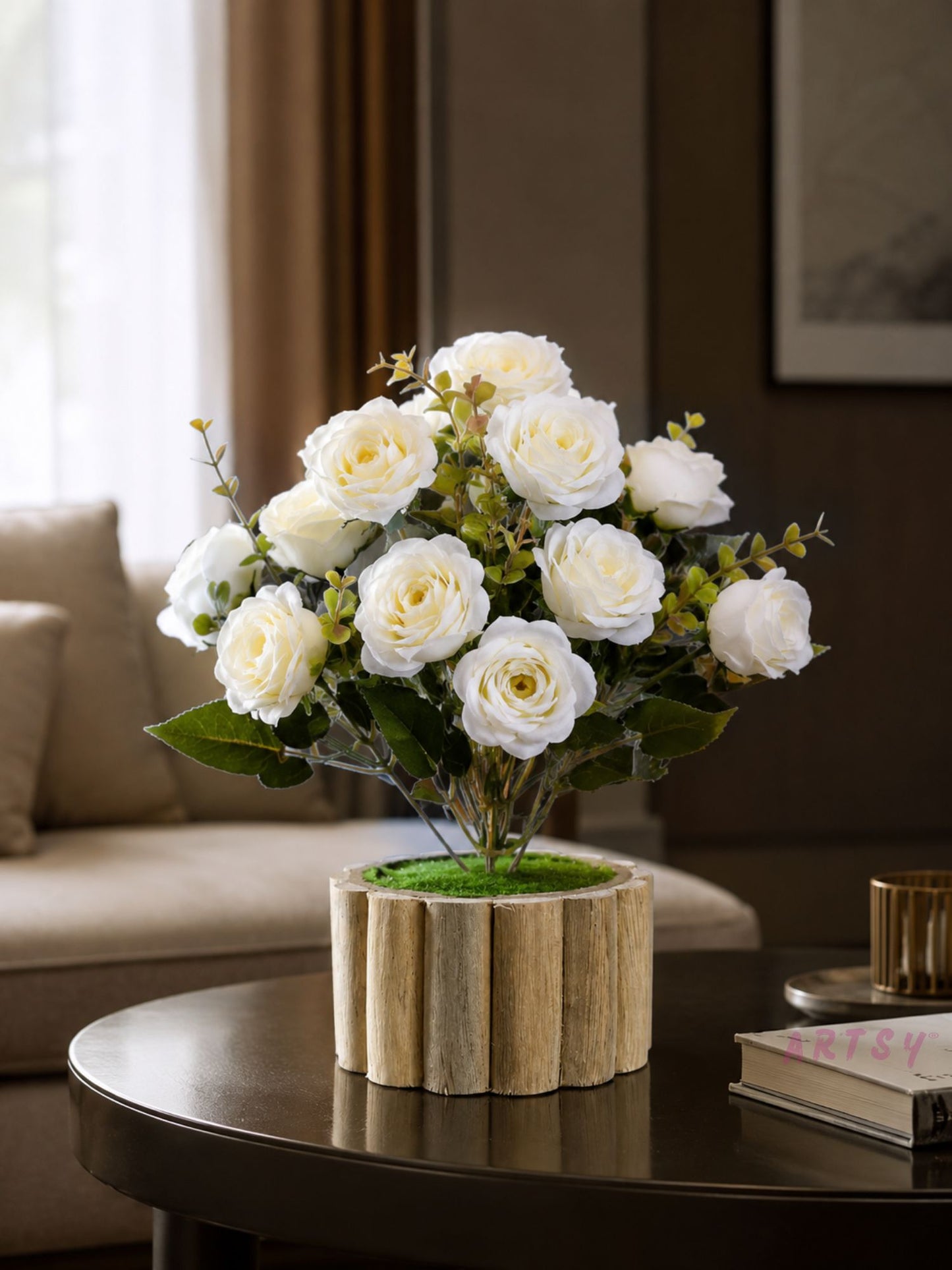 Elegant White Rose Artificial Flower Arrangement with Rustic Wooden Planter, Pack of 1