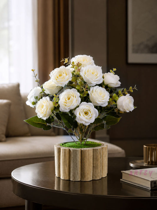 Elegant White Rose Artificial Flower Arrangement with Rustic Wooden Planter, Pack of 1
