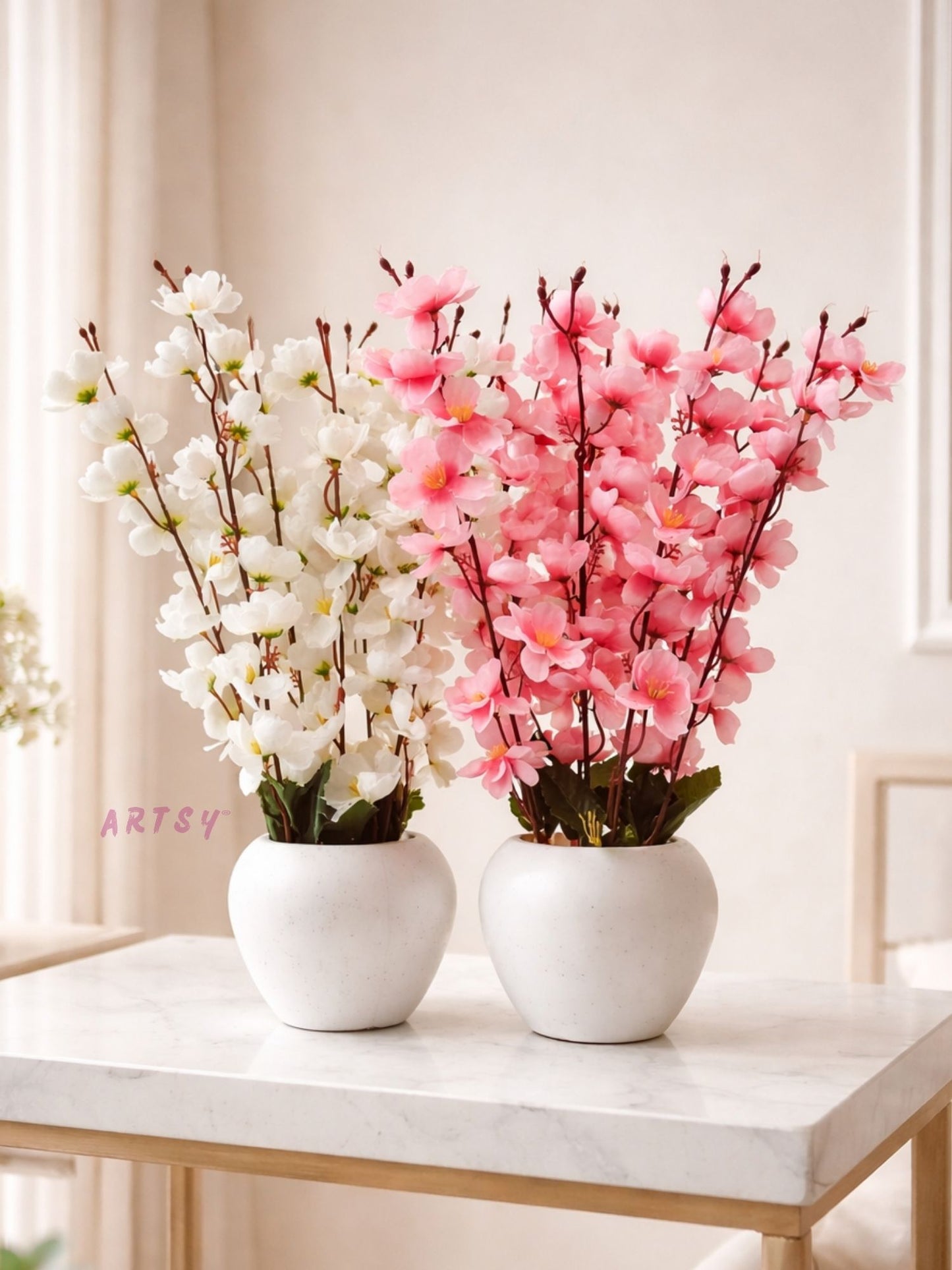 Artificial Cherry Blossom Flower Pot – Premium Luxury Home Décor Table Accent, Pack of 2 Pieces