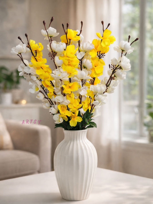 Artificial Cherry Blossom Flower Bunch (White & Yellow) – Elegant Decorative Floral Bunch