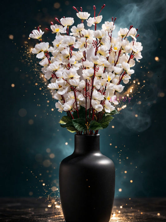 Elegant White Artificial Cherry Blossom Flower Bunch - Lifelike Pack of 1 Piece for Timeless Beauty, Without Vase, 55 Cm Long