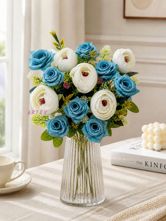 ARTSY Artificial Blue Rose & White Peony Flower Bunch Combo | Pack of 2 Fake Flowers for Home Decoration, Living Room, Office, Wedding & Table Decor