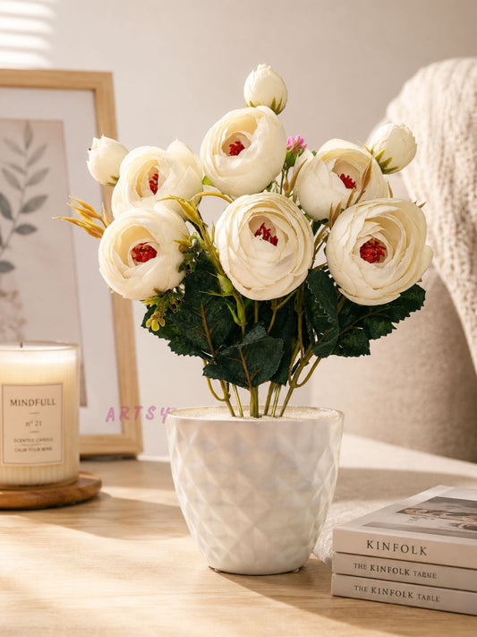 Luxury Ivory Peony Artificial Flower Pot for Home Decor | Premium Decorative Tabletop Floral Arrangement (Pack of 1)