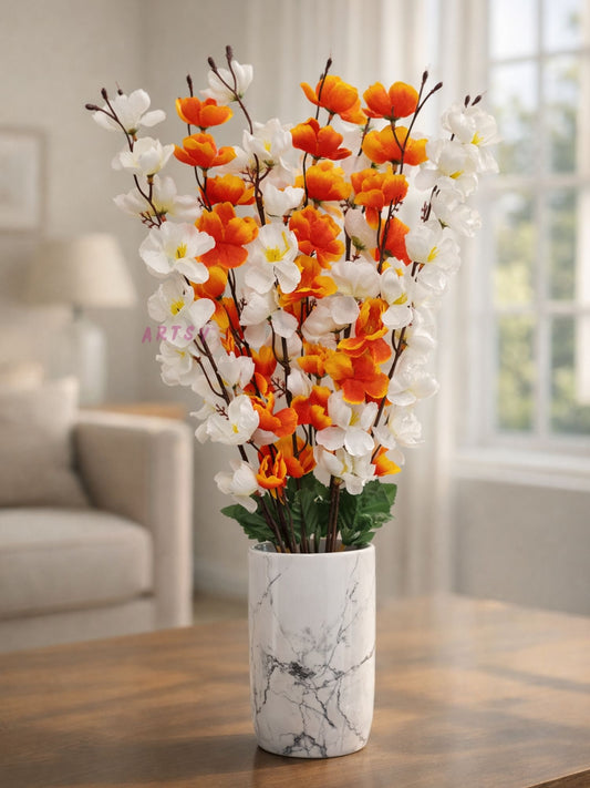 ArtsyDecor Premium Orange & White Artificial Blossom Stem for Home Décor | Realistic Flexible Floral Branch (55 CM, Pack of 1)