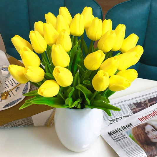 ARTSY® Artificial Tulip Flowers Bunch – Set of 5 Faux Flower Stems | Ideal for Living Room, Centerpiece, Gifting, craft, Real Touch Flower Bunch for Vase Decor, Home Styling, Events, Yellow