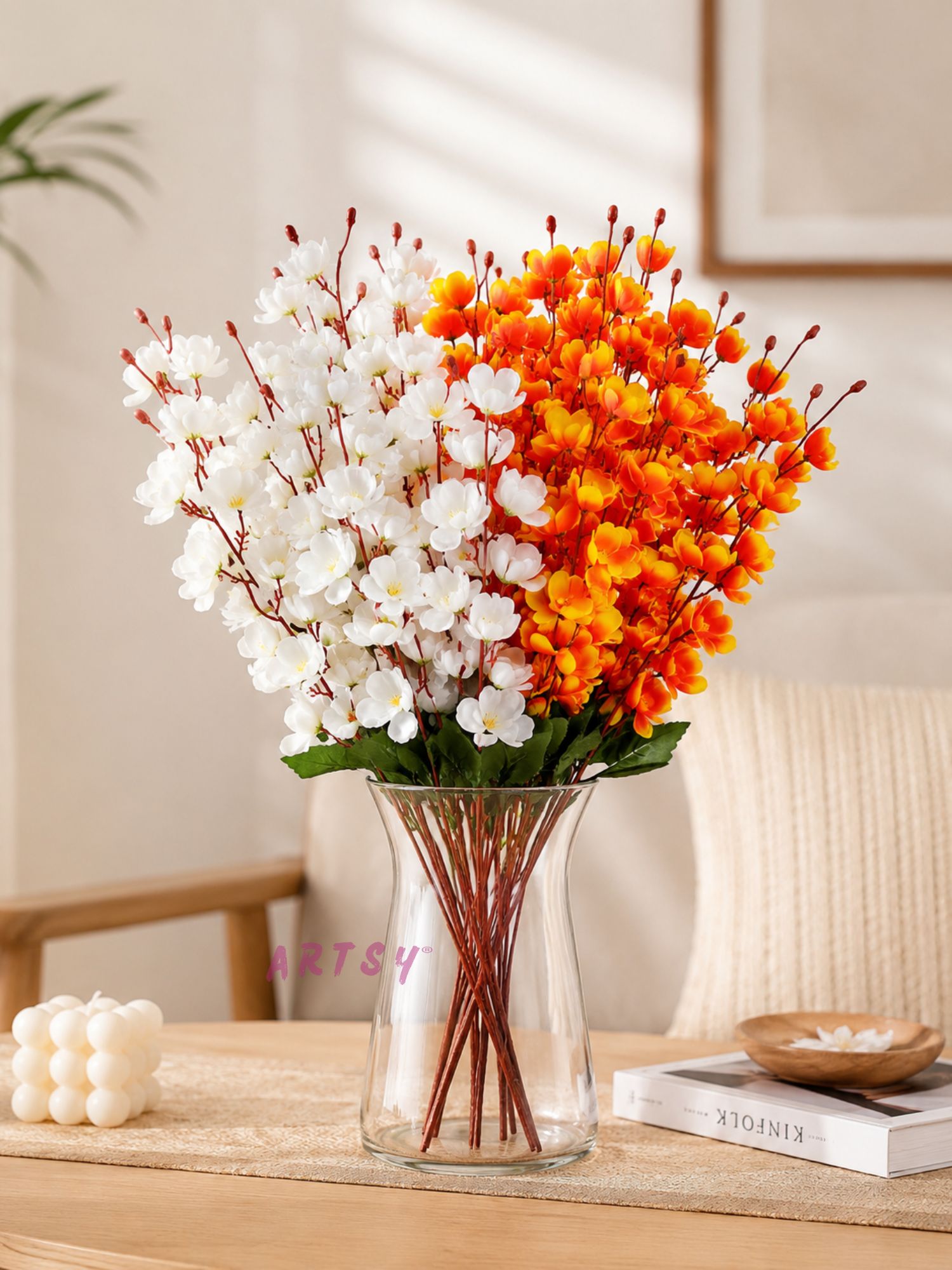 Artificial flower bouquet with realistic silk flowers, vibrant mixed blooms, decorative green leaves, and flexible stems arranged beautifully for home décor, wedding décor, gifting, and table decoration.