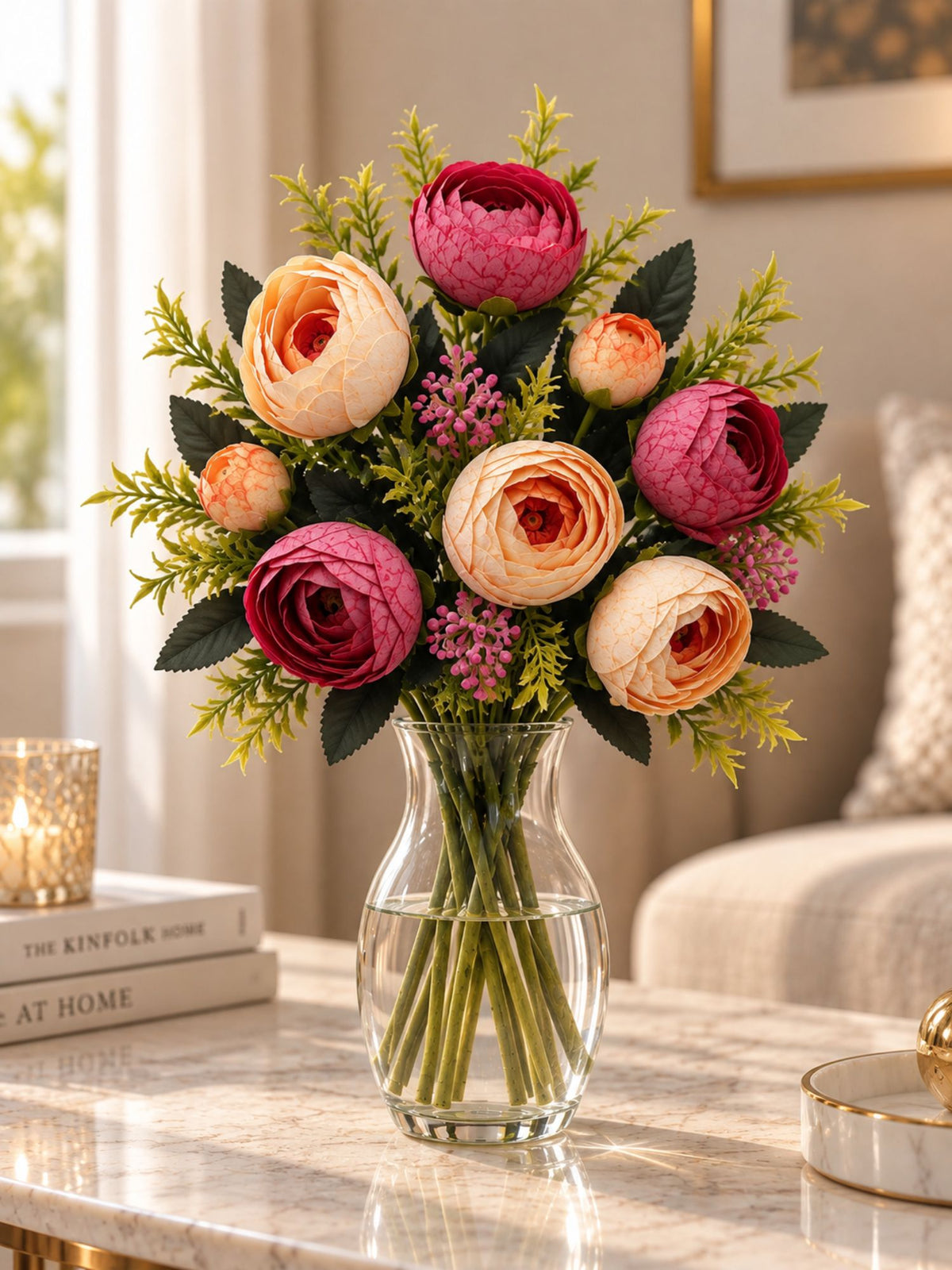 ARTSY Artificial Flower Bunch – Realistic Peony Flowers with Green Leaves for Home Décor, Wedding & Floral Decoration | 1 Piece