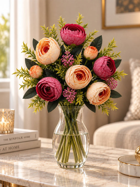 ARTSY Artificial Flower Bunch – Realistic Peony Flowers with Green Leaves for Home Décor, Wedding & Floral Decoration | 1 Piece