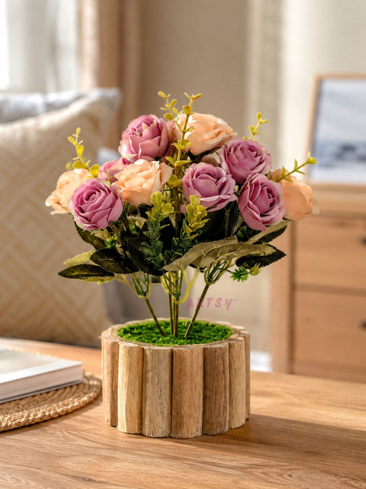 Luxury Artificial Rose Bouquet with Rustic Wooden Planter for Home Decor, Pack of 1