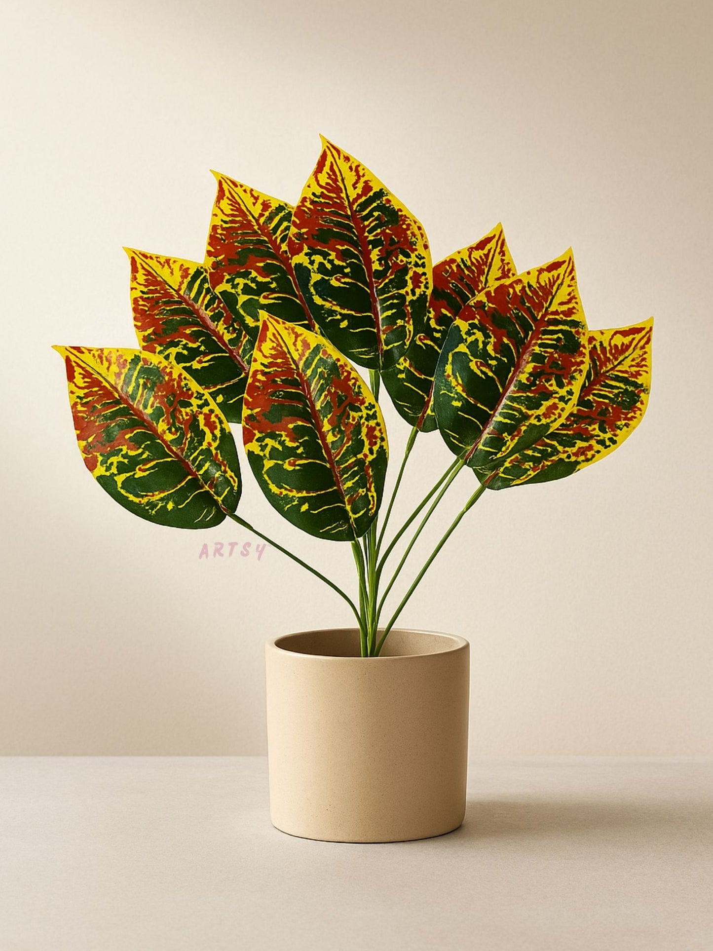 ARTSY Artificial Croton Leaf Bunch for Home Decor | Realistic Tropical Faux Plant for Living Room, Office & Vase Decoration (Pack of 1)