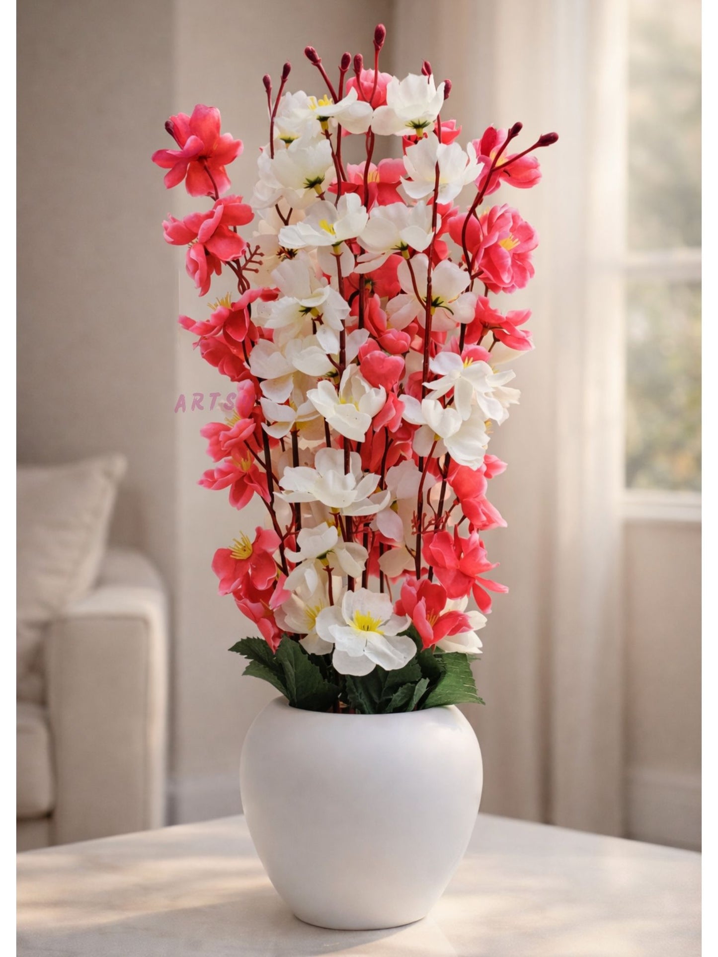 Artificial Pink & White Blossom Flower Arrangement in Pot | Elegant Home Decor Floral Accent (Pack of 1)