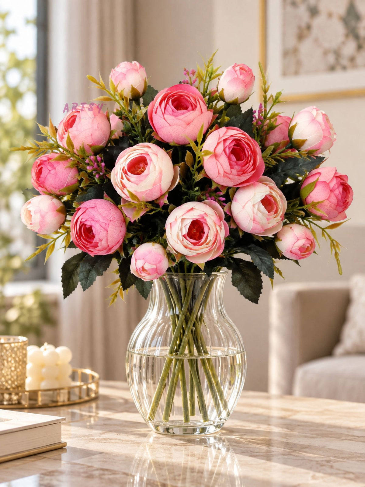 ARTSY Artificial Peony Flower Bunch – Pack of 2, Pink & White Faux Peony Flowers for Home Decor, Wedding, Gifting & Floral Arrangements
