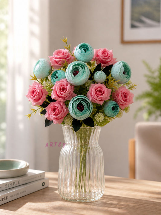 ARTSY Artificial Rose & Peony Flower Bunch Combo Pack of 2 | Realistic Faux Flowers for Home Decoration