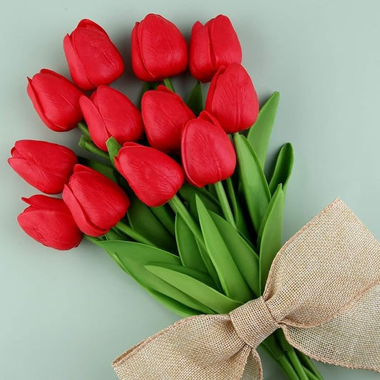 ARTSY® Artificial Tulip Flowers Bunch – Set of 5 Faux Flower Stems | Ideal for Living Room, Centerpiece, Gifting, craft, Real Touch Flower Bunch for Vase Decor, Home Styling, Events, Red