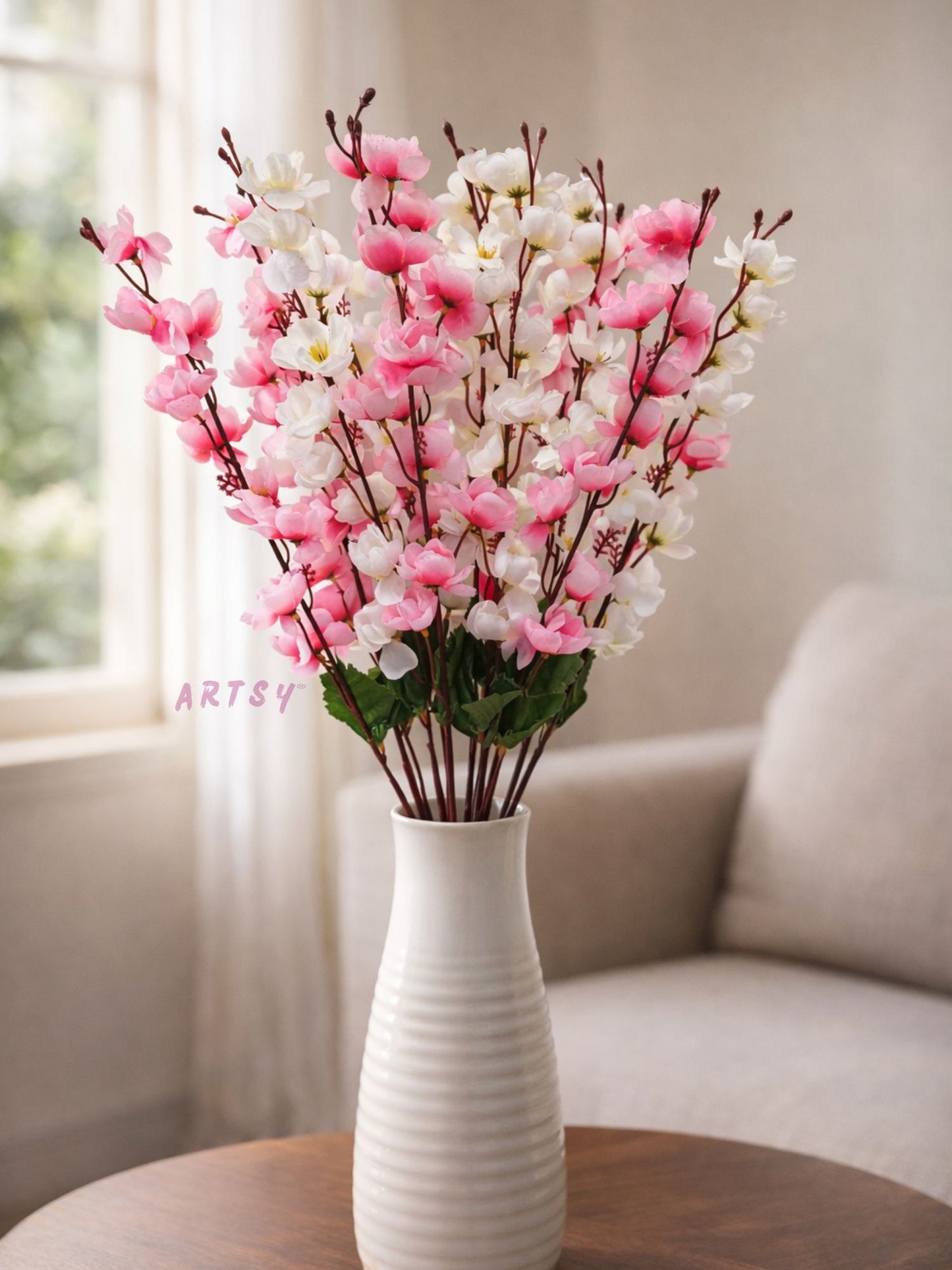 Premium Pink & White Artificial Flower Bunch for Home & Table Decoration, Pack of 2 Pieces