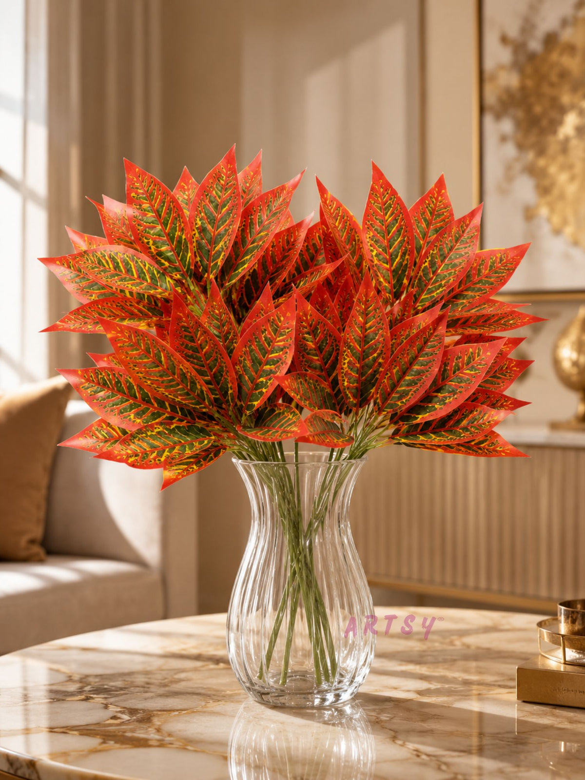 ARTSY Artificial Croton Leaf Stems Pack of 2 | Realistic Decorative Faux Foliage for Indoor Home Décor & Flower Arrangements
