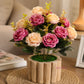 Elegant Artificial Rose Bouquet in Rustic Wooden Pot – Luxury Floral Home Décor, Pack of 1
