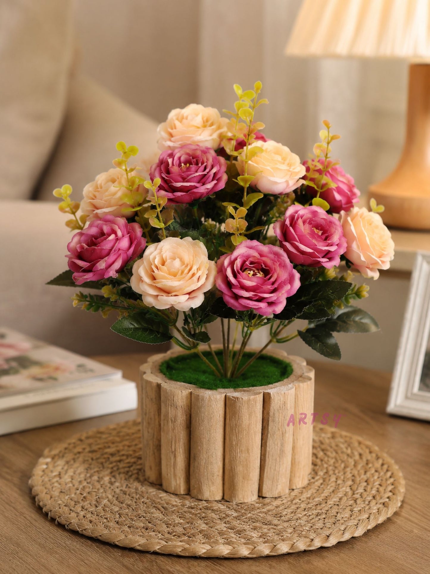 Elegant Artificial Rose Bouquet in Rustic Wooden Pot – Luxury Floral Home Décor, Pack of 1