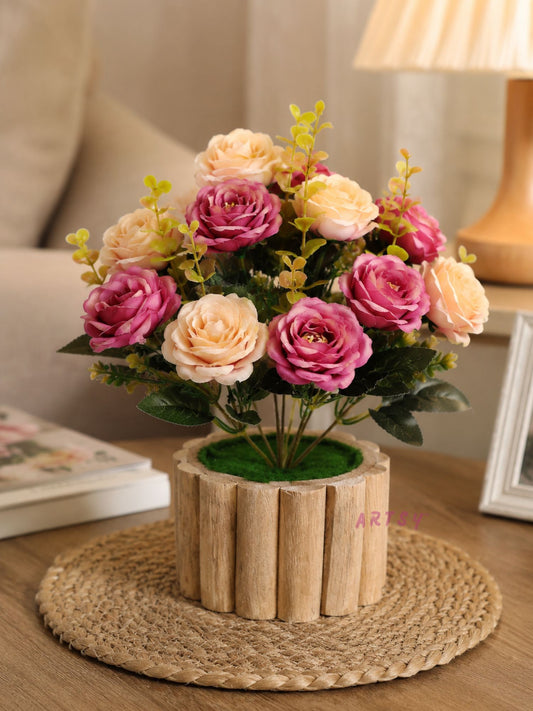 Elegant Artificial Rose Bouquet in Rustic Wooden Pot – Luxury Floral Home Décor, Pack of 1
