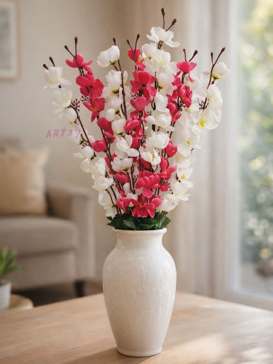 Elegant Sakura Blossom Artificial Flower Stem for Home & Table Decor | Premium Pink & White Floral Branch | 55 CM