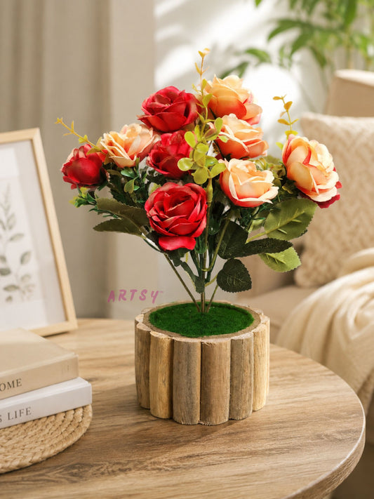 Luxury Artificial Rose Flower Arrangement in Rustic Wooden Pot | Elegant Home Table Decor, Pack of 1