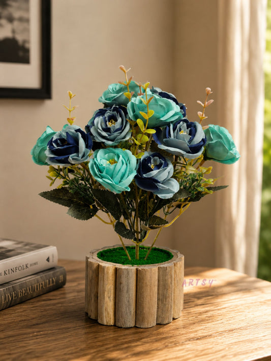 Luxury Artificial Rose Flower Pot – Premium Teal & Navy Floral Home Decor Arrangement, Pack of 1