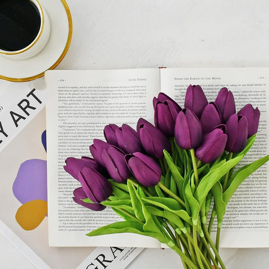 ARTSY® Artificial Tulip Flowers Bunch – Set of 5 Faux Flower Stems | Ideal for Living Room, Centerpiece, Gifting, craft, Real Touch Flower Bunch for Vase Decor, Home Styling, Events, Purple