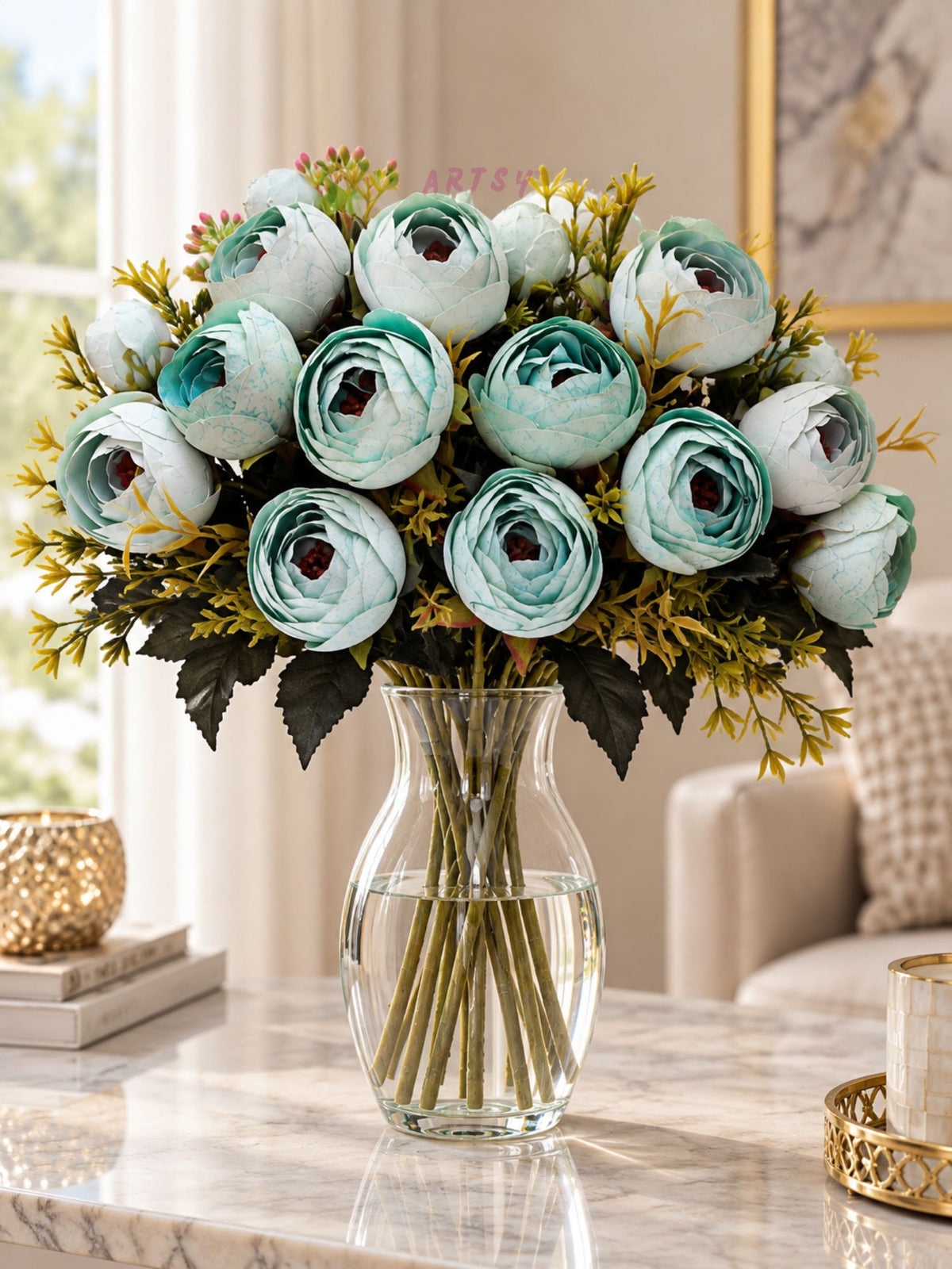 ARTSY Artificial Ranunculus Flower Bunches – Pack of 2, Aqua Green & White Faux Flowers for Home Décor, Wedding & Gifting