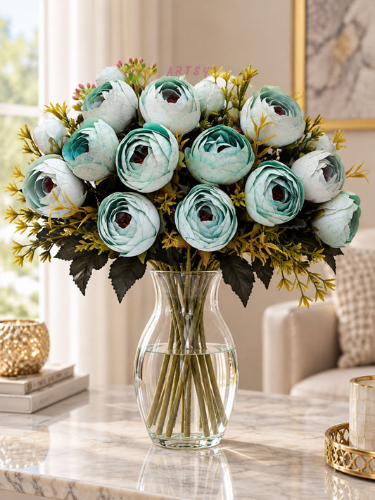 ARTSY Artificial Ranunculus Flower Bunches – Pack of 2, Aqua Green & White Faux Flowers for Home Décor, Wedding & Gifting
