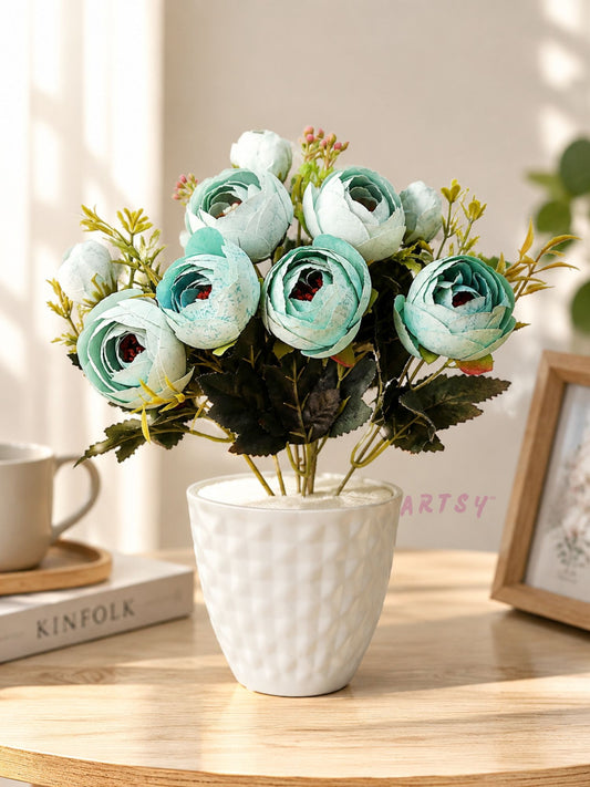 ARTSY® Artificial flowers with pot for Home decoration, table top, office decor, peony flowers, craft, gift, 35 cm height, Green, Pack of 1 Piece
