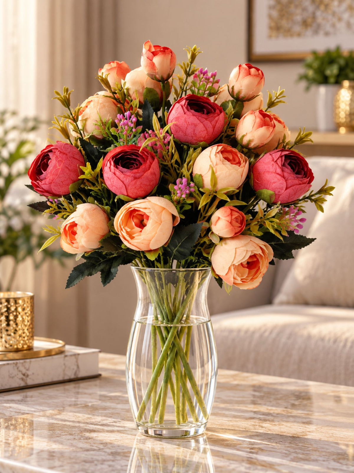 ARTSY Artificial Peony Flower Bunch – Pack of 2, Realistic Faux Flowers for Home Decor, Wedding, Festive Decoration & Gifting