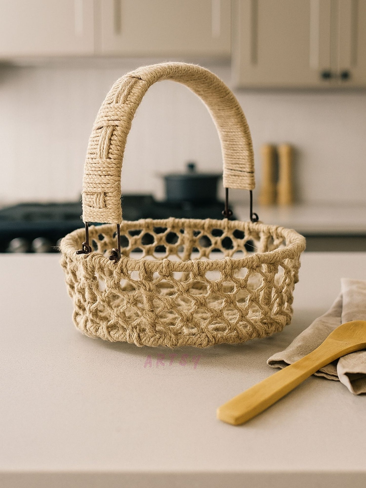 ARTSY Boho Handwoven Rope Basket with Handle | Decorative Storage & Gift Hamper Basket