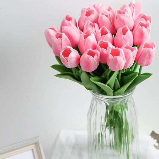 ARTSY® Artificial Tulip Flowers Bunch – Set of 5 Faux Flower Stems | Ideal for Living Room, Centerpiece, Gifting, craft, Real Touch Flower Bunch for Vase Decor, Home Styling, Events, Pink