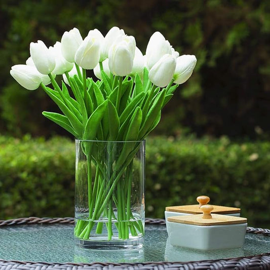 ARTSY® Artificial Tulip Flowers Bunch – Set of 5 Faux Flower Stems | Ideal for Living Room, Centerpiece, Gifting, craft, Real Touch Flower Bunch for Vase Decor, Home Styling, Events, White