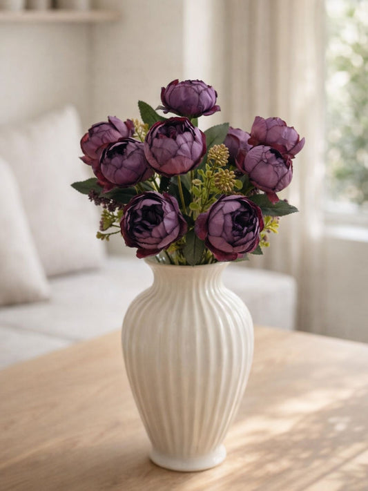 ARTSY Artificial Purple Peony Flower Bunch with Greenery, 35 cm Faux Floral Arrangement for Home Decor