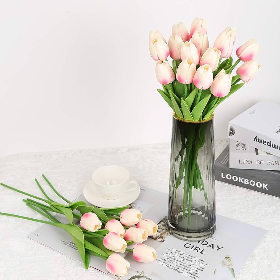 ARTSY® Artificial Tulip Flowers Bunch – Set of 5 Faux Flower Stems | Ideal for Living Room, Centerpiece, Gifting, craft, Real Touch Flower Bunch for Vase Decor, Home Styling, Events, Babypink