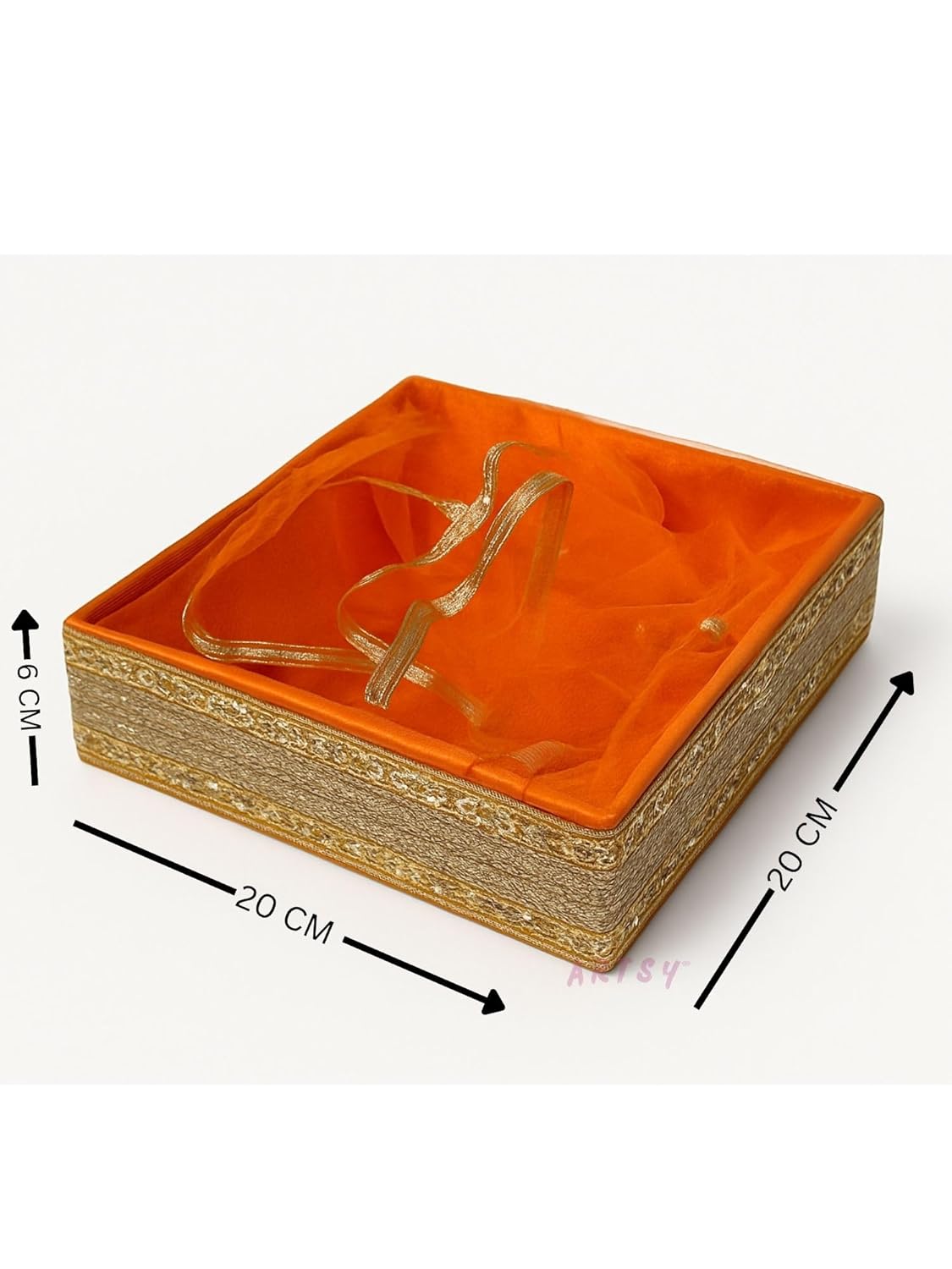 20x20 cm Orange Decorative Gift Tray with Net Cover and Golden Lace Design