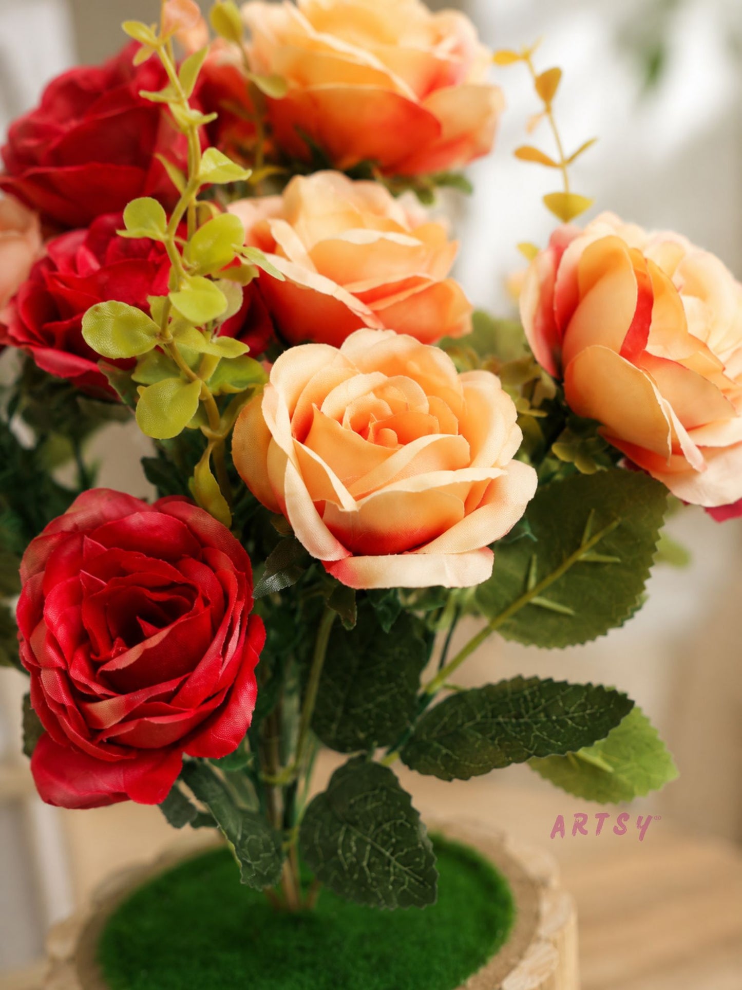 Luxury Artificial Rose Flower Arrangement in Rustic Wooden Pot | Elegant Home Table Decor, Pack of 1